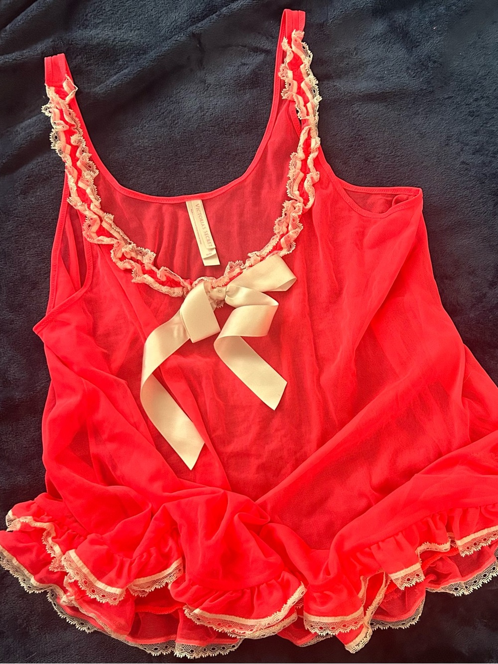 Victoria's Secret Red Sheer Ruffle Chemise with Cream Bow